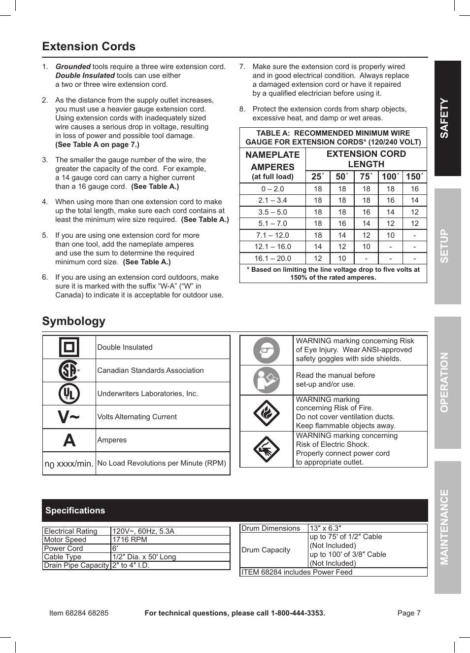 Extension cords, Symbology, Safety opera tion maintenance setup | Harbor Freight Tools 50 FOOT DRAIN CLEANER WITH POWER FEED 68285 User Manual | Page 7 / 24