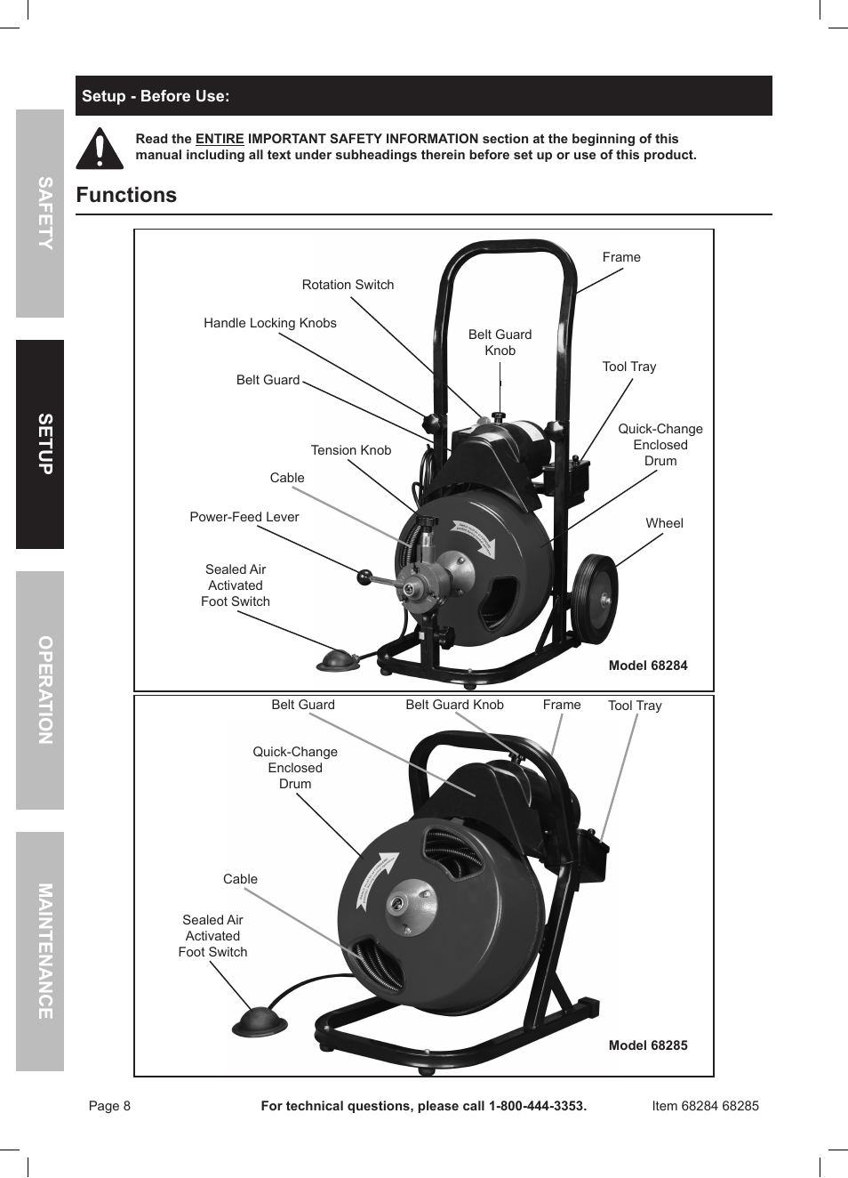 Functions, Safety opera tion maintenance setup | Harbor Freight Tools 50 FOOT DRAIN CLEANER WITH POWER FEED 68285 User Manual | Page 8 / 24