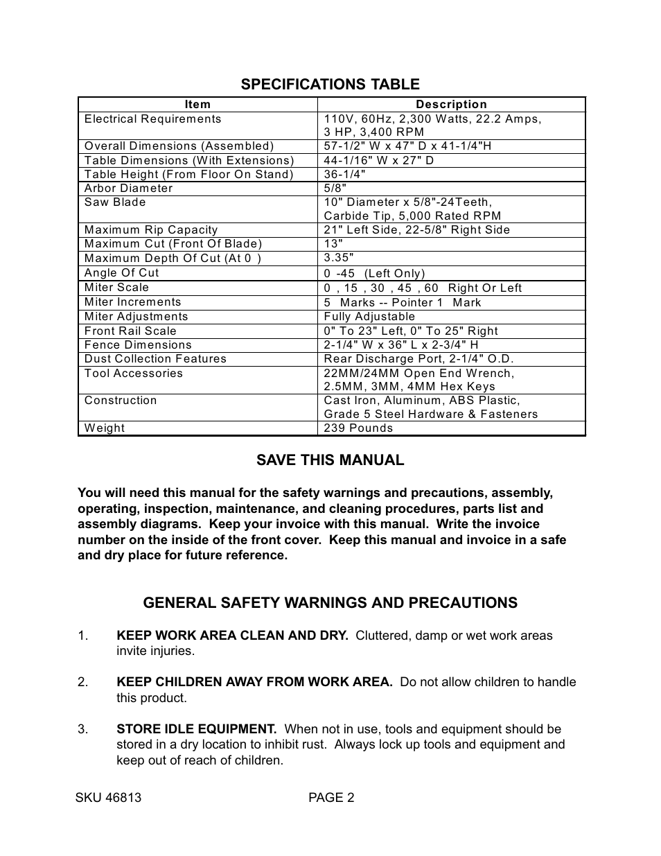 Specifications table save this manual, General safety warnings and precautions | Harbor Freight Tools 46813 User Manual | Page 2 / 37