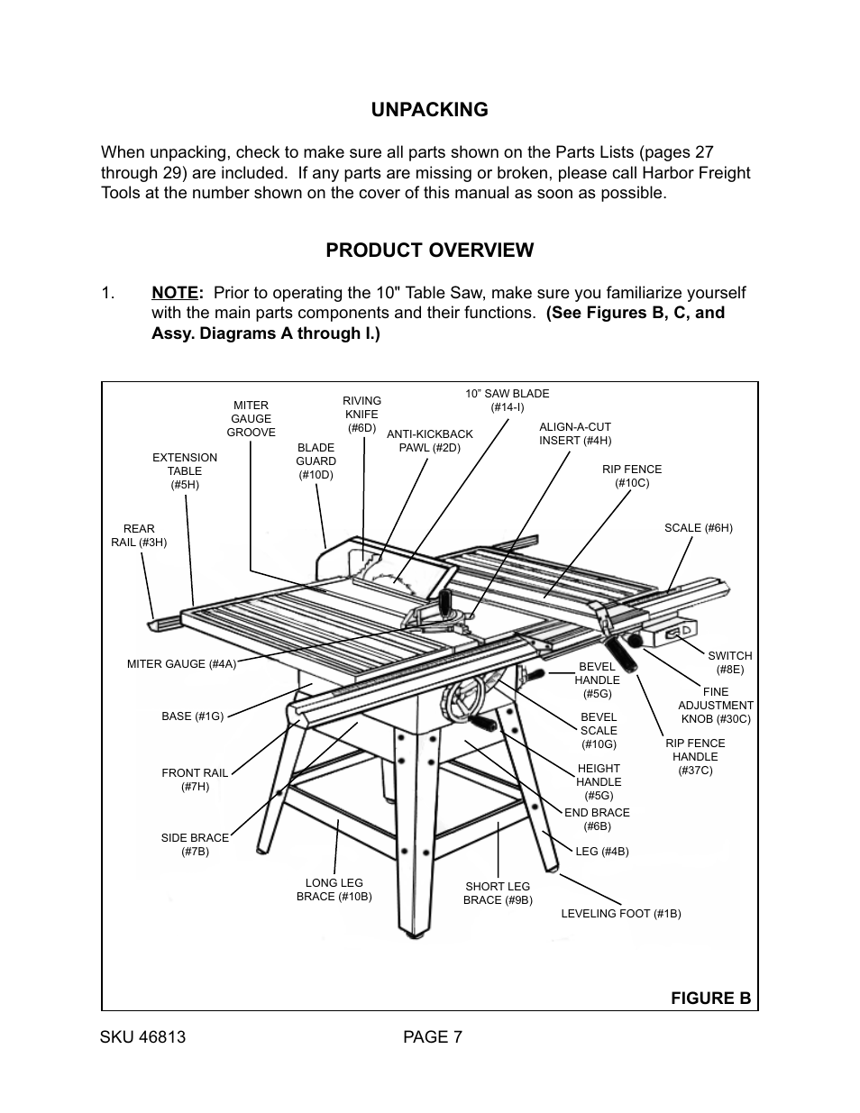 Unpacking, Product overview | Harbor Freight Tools 46813 User Manual | Page 7 / 37