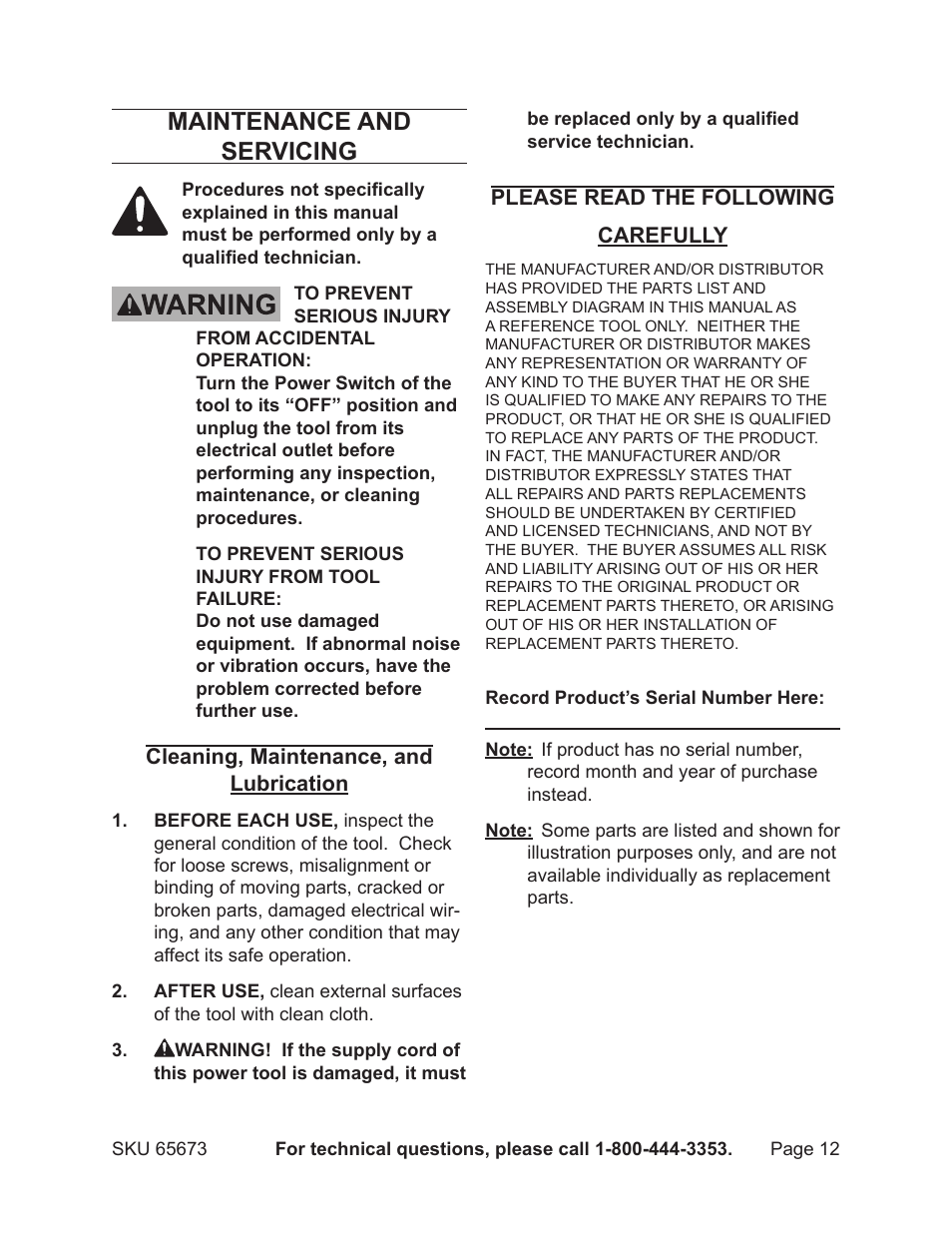 Maintenance and servicing, Cleaning, maintenance, and lubrication, Please read the following carefully | Harbor Freight Tools 65673 User Manual | Page 12 / 16