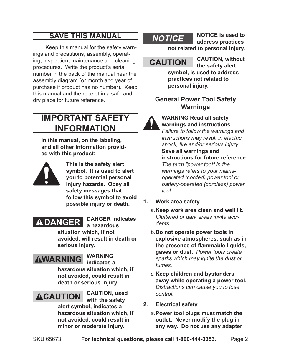 Important safety information, Save this manual | Harbor Freight Tools 65673 User Manual | Page 2 / 16
