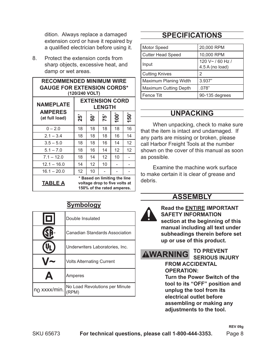 Specifications, Unpacking, Assembly | Symbology | Harbor Freight Tools 65673 User Manual | Page 8 / 16