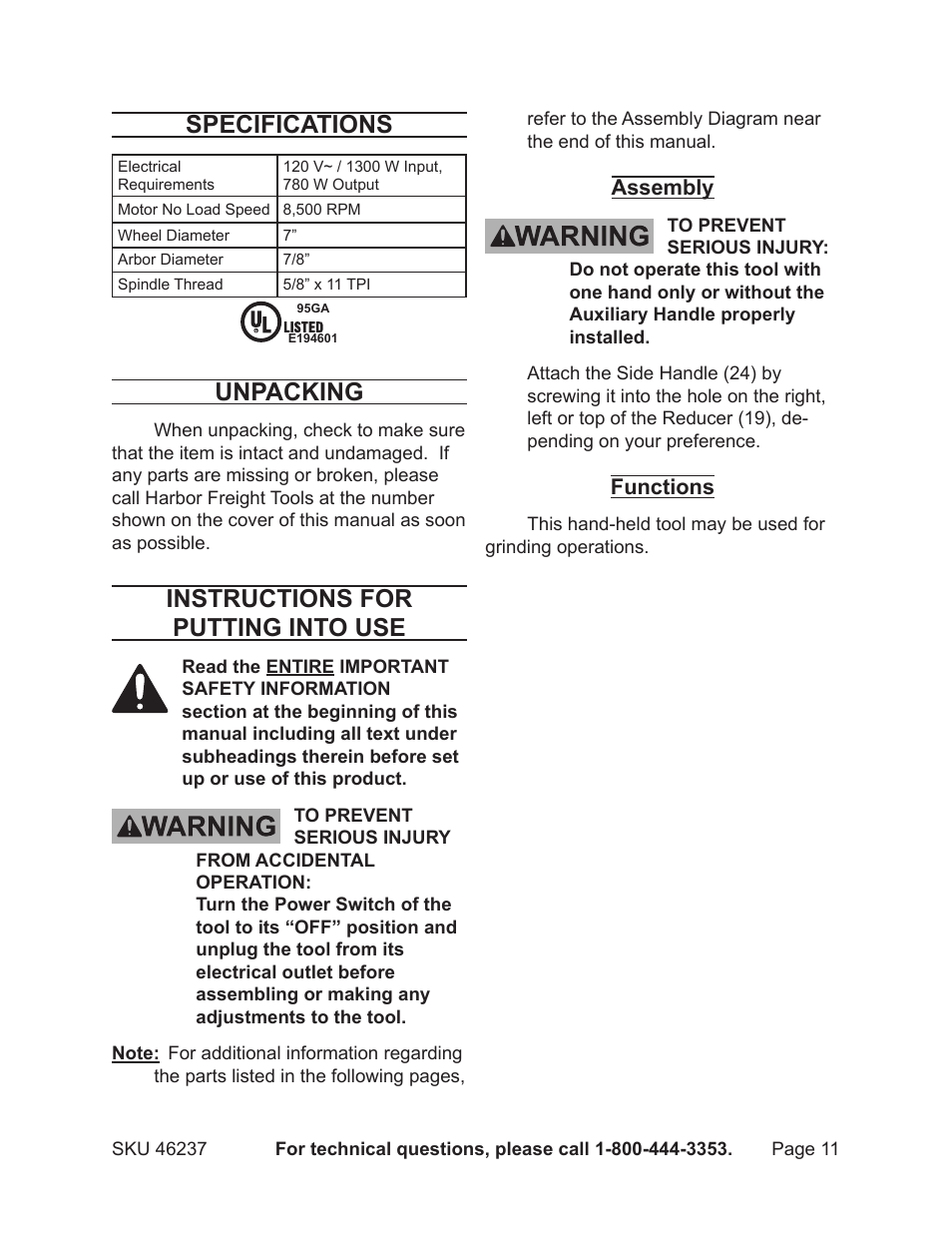 Specifications, Unpacking, Instructions for putting into use | Harbor Freight Tools Chicago 46237 User Manual | Page 11 / 19