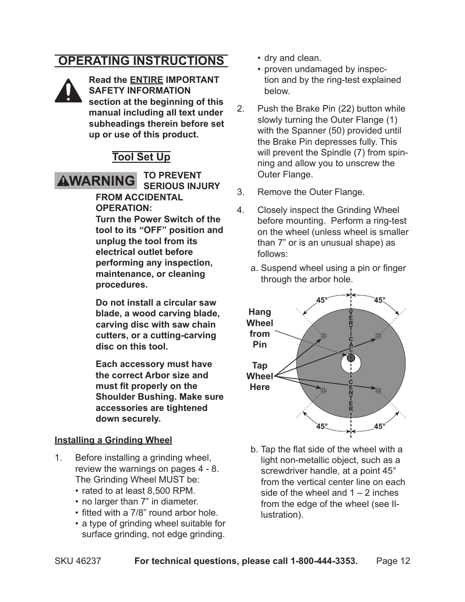 Operating instructions, Tool set up | Harbor Freight Tools Chicago 46237 User Manual | Page 12 / 19