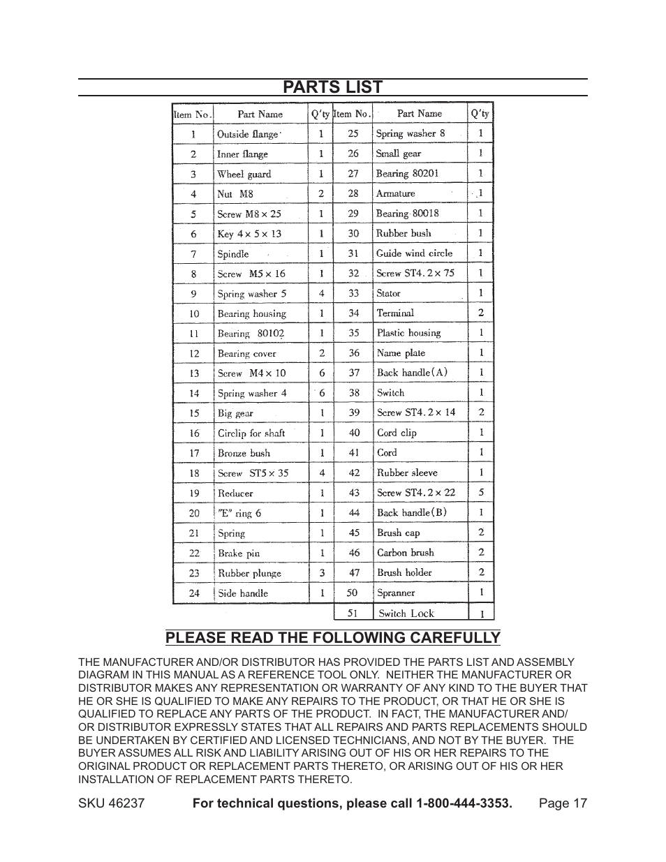 Parts list, Please read the following carefully | Harbor Freight Tools Chicago 46237 User Manual | Page 17 / 19