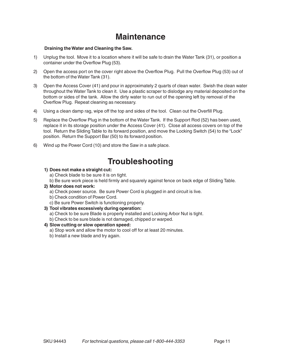 Maintenance, Troubleshooting | Harbor Freight Tools 94443 User Manual | Page 11 / 14