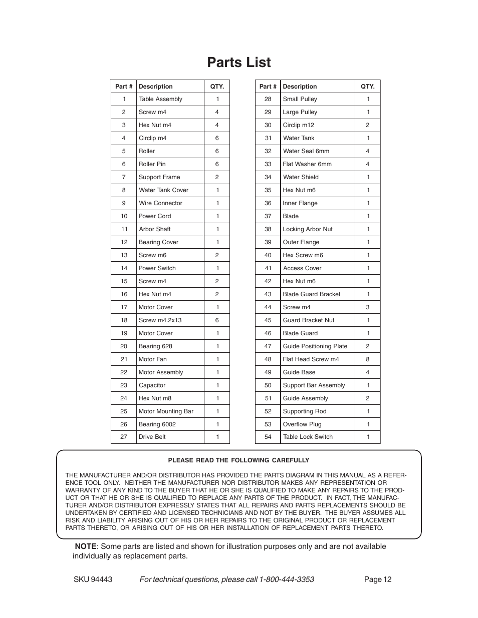 Parts list | Harbor Freight Tools 94443 User Manual | Page 12 / 14