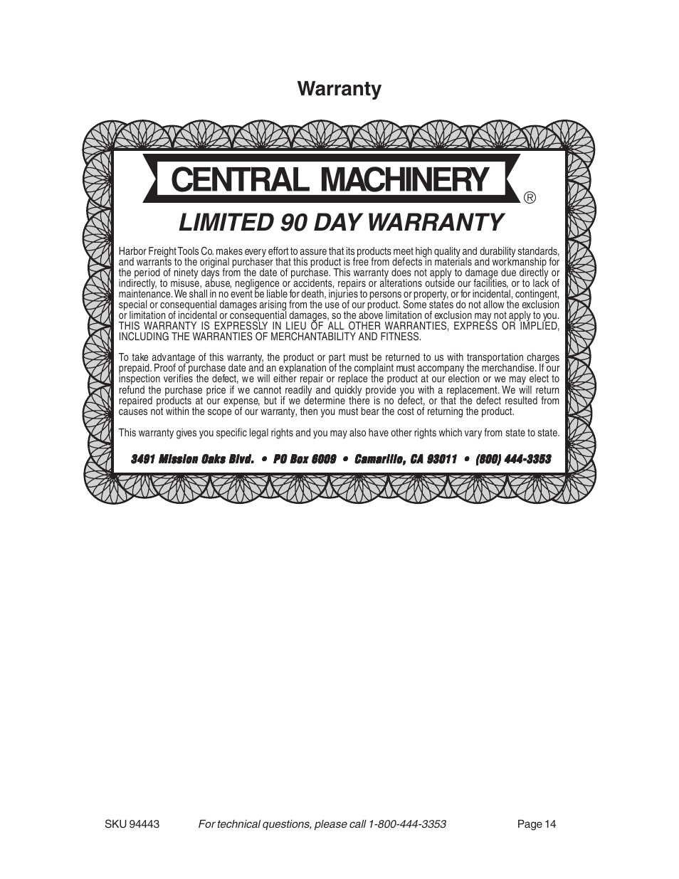 Limited 90 day warranty, Warranty | Harbor Freight Tools 94443 User Manual | Page 14 / 14