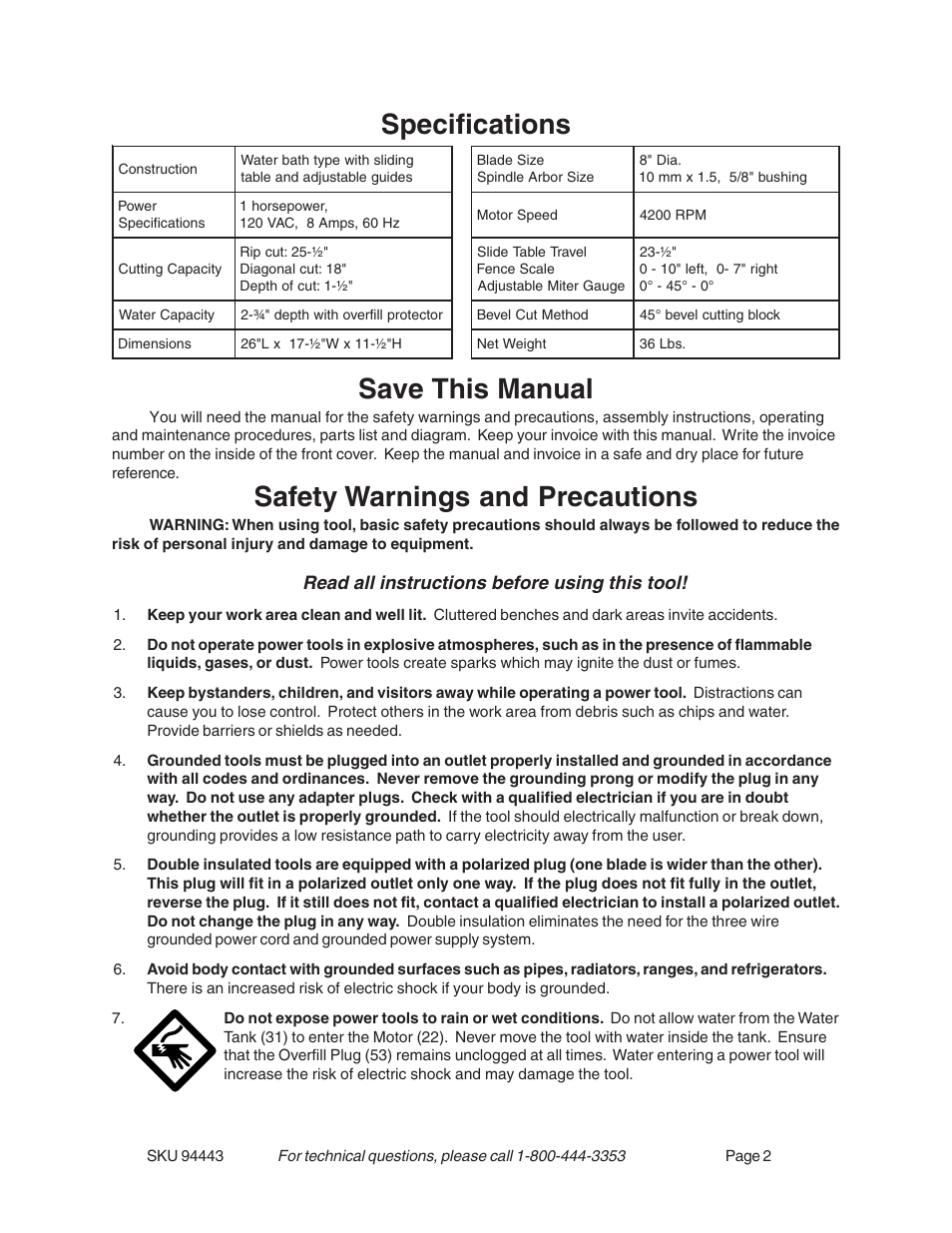 Specifications save this manual, Safety warnings and precautions, Read all instructions before using this tool | Harbor Freight Tools 94443 User Manual | Page 2 / 14