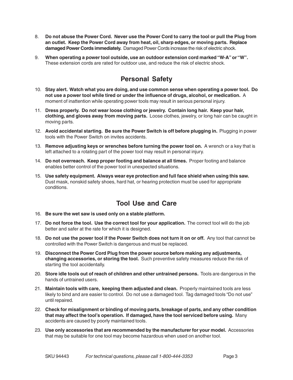 Personal safety, Tool use and care | Harbor Freight Tools 94443 User Manual | Page 3 / 14