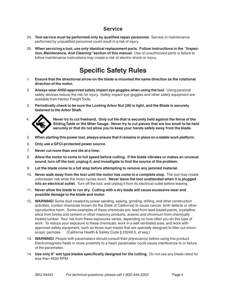 Specific safety rules, Service | Harbor Freight Tools 94443 User Manual | Page 4 / 14