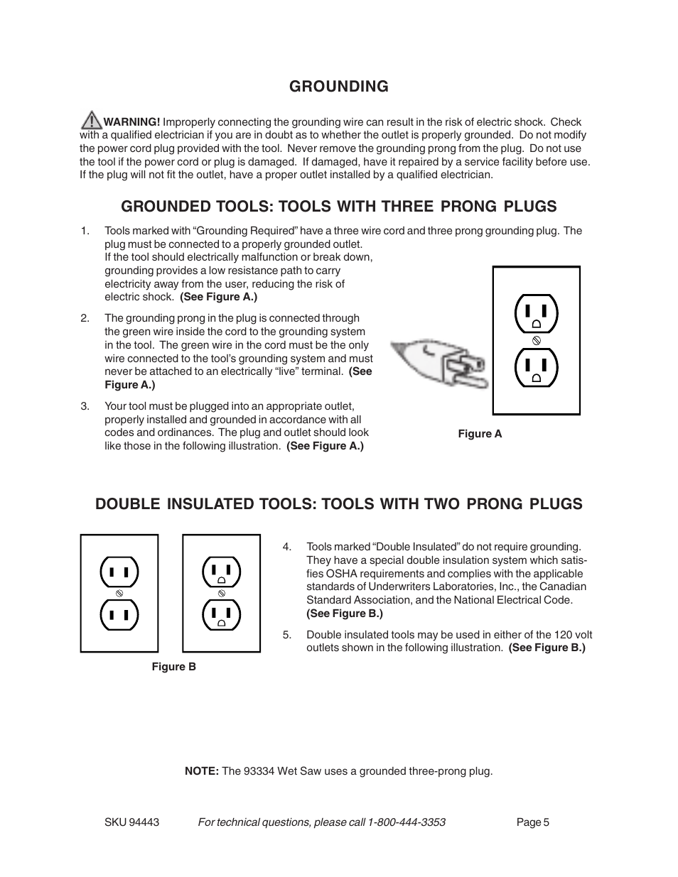 Grounding, Grounded tools: tools with three prong plugs, Double insulated tools: tools with two prong plugs | Harbor Freight Tools 94443 User Manual | Page 5 / 14