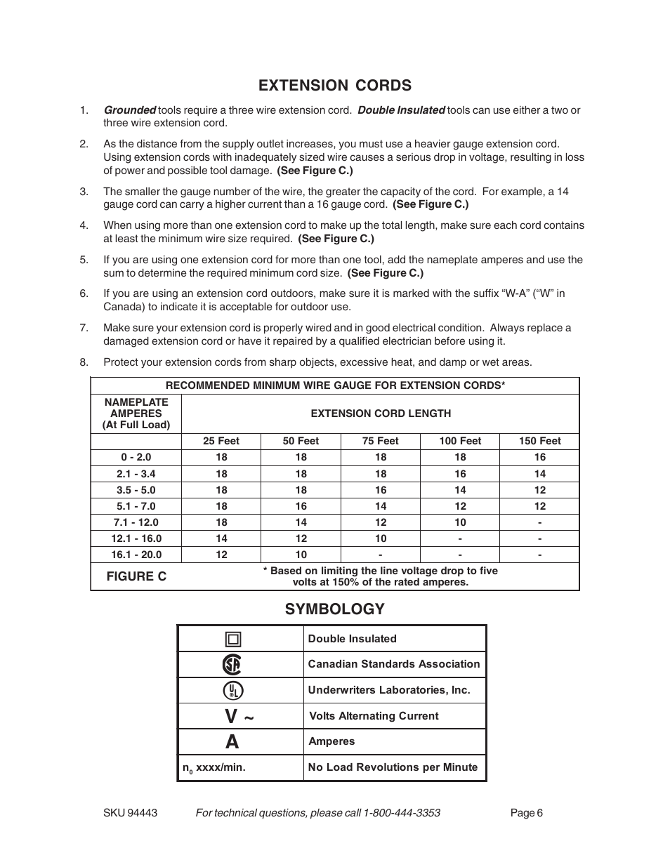 V ~ a, Extension cords, Symbology | Harbor Freight Tools 94443 User Manual | Page 6 / 14