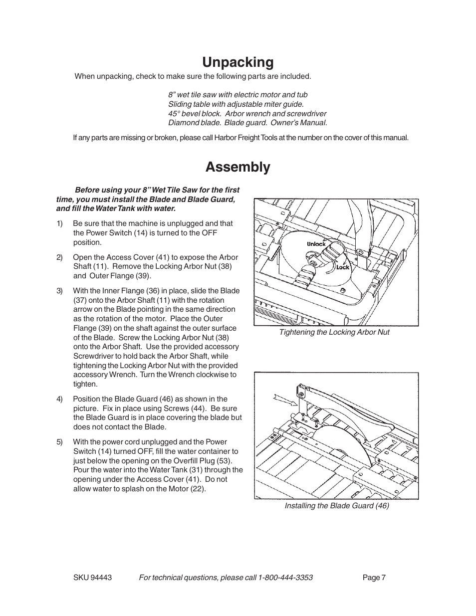 Unpacking, Assembly | Harbor Freight Tools 94443 User Manual | Page 7 / 14