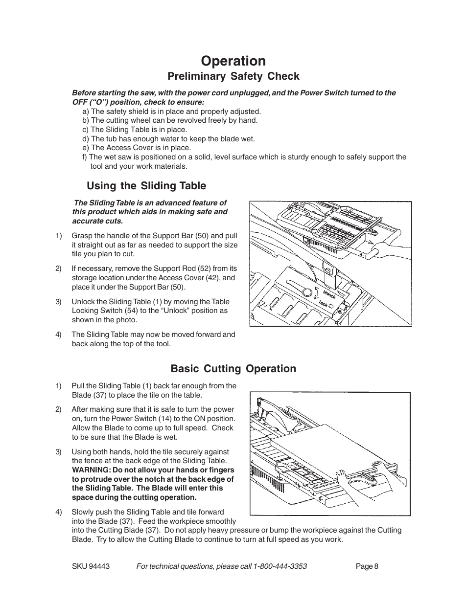 Operation, Preliminary safety check, Using the sliding table | Basic cutting operation | Harbor Freight Tools 94443 User Manual | Page 8 / 14