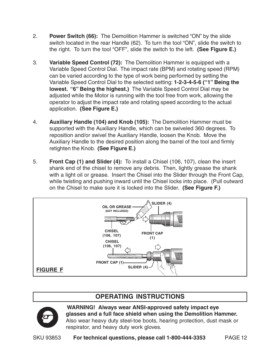 Operating instructions | Harbor Freight Tools 93853 User Manual | Page 12 / 18