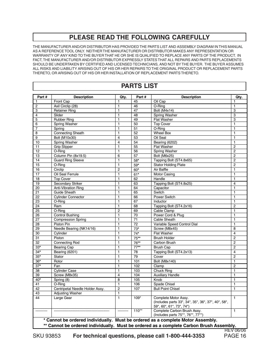 Parts list please read the following carefully | Harbor Freight Tools 93853 User Manual | Page 16 / 18
