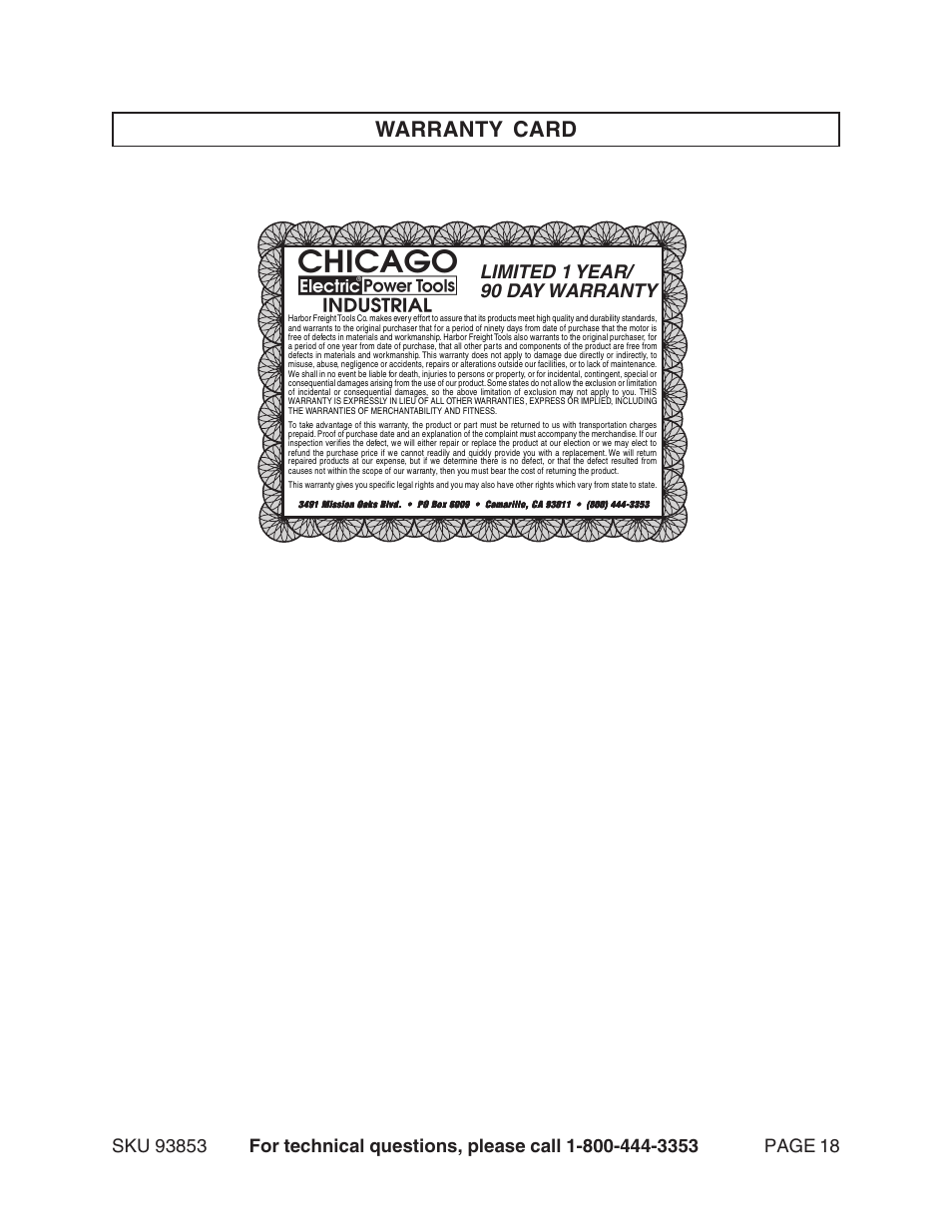 Warranty card, Limited 1 year/ 90 day warranty | Harbor Freight Tools 93853 User Manual | Page 18 / 18