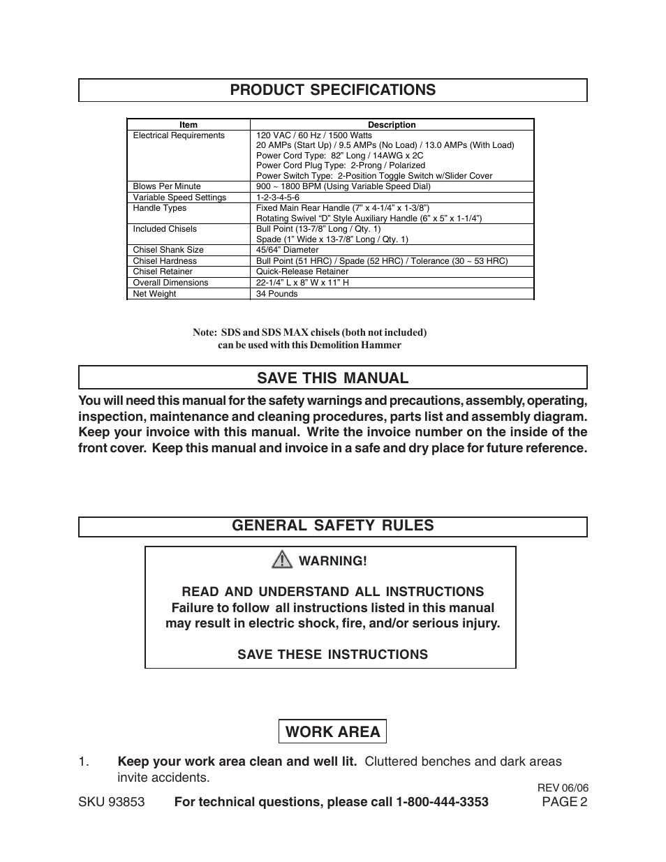 Product specifications save this manual, General safety rules, Work area | Harbor Freight Tools 93853 User Manual | Page 2 / 18