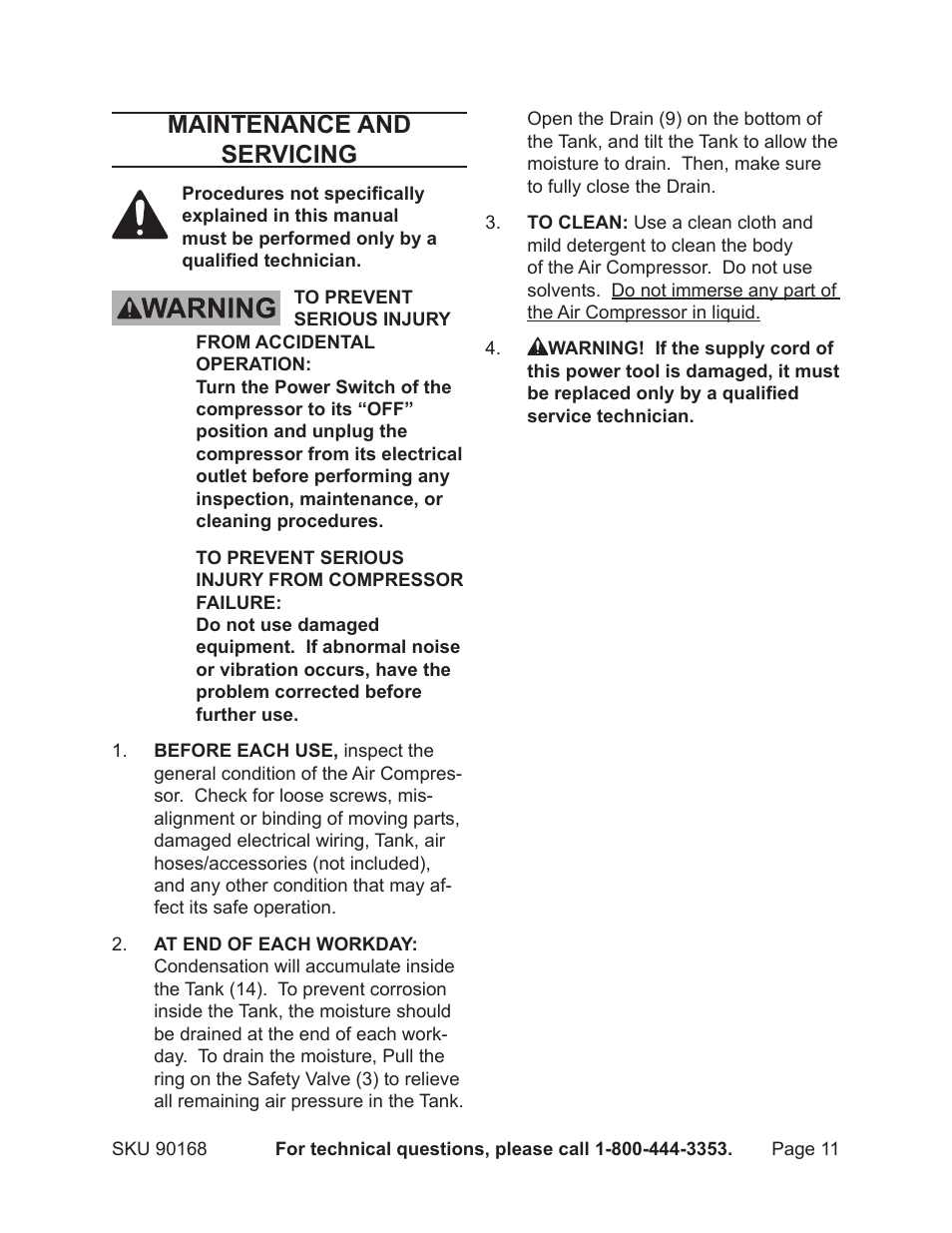 Maintenance and servicing | Harbor Freight Tools 90168 User Manual | Page 11 / 14