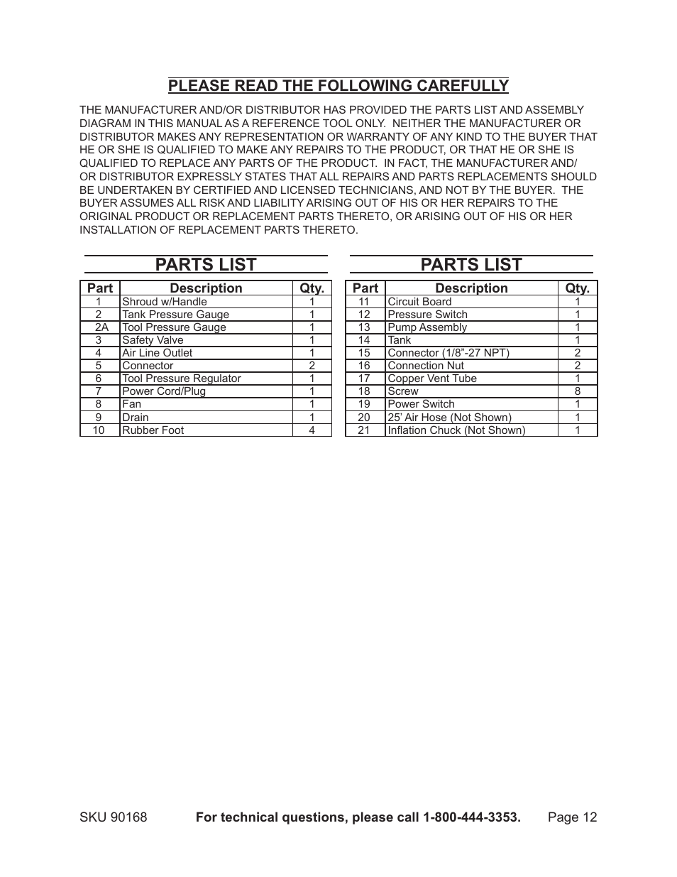 Parts list, Please read the following carefully | Harbor Freight Tools 90168 User Manual | Page 12 / 14