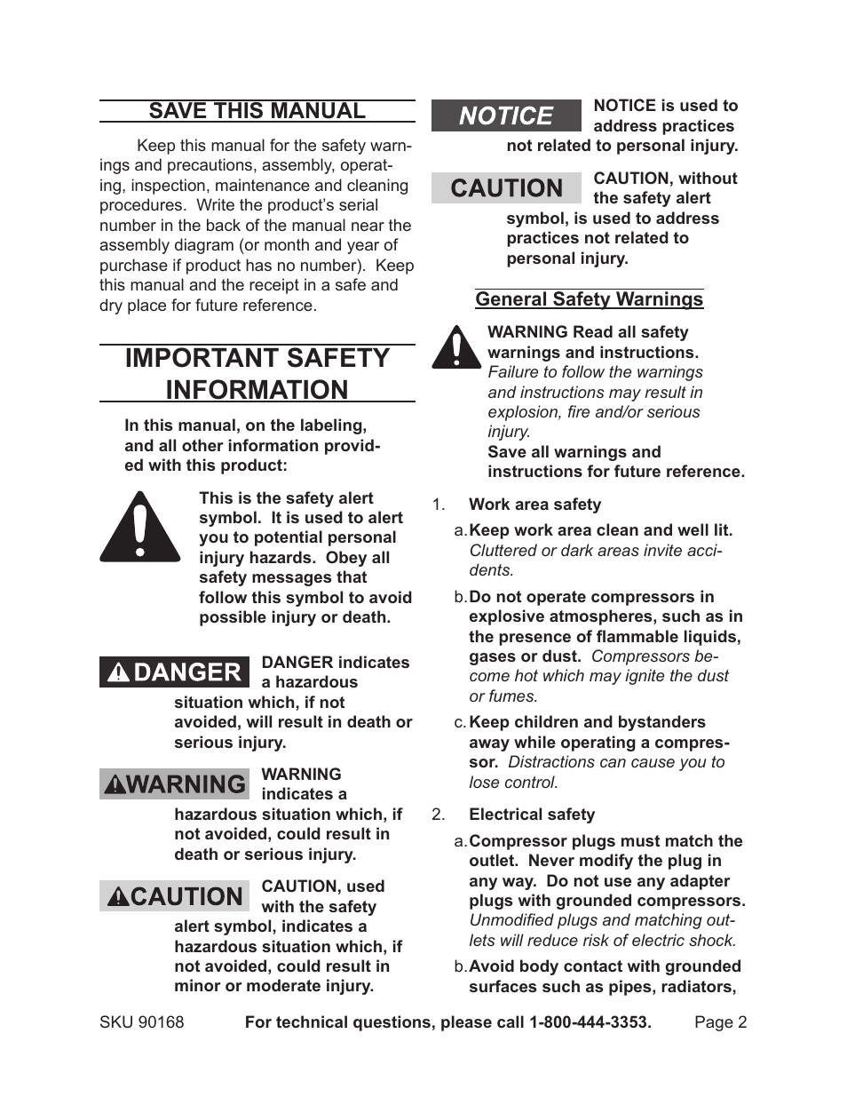 Important safety information, Save this manual | Harbor Freight Tools 90168 User Manual | Page 2 / 14