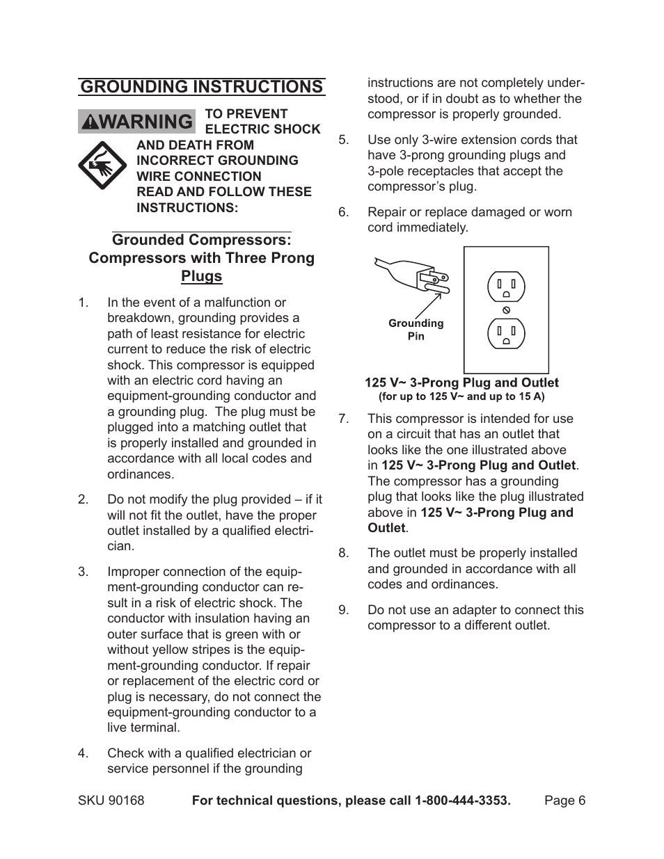 Grounding instructions | Harbor Freight Tools 90168 User Manual | Page 6 / 14