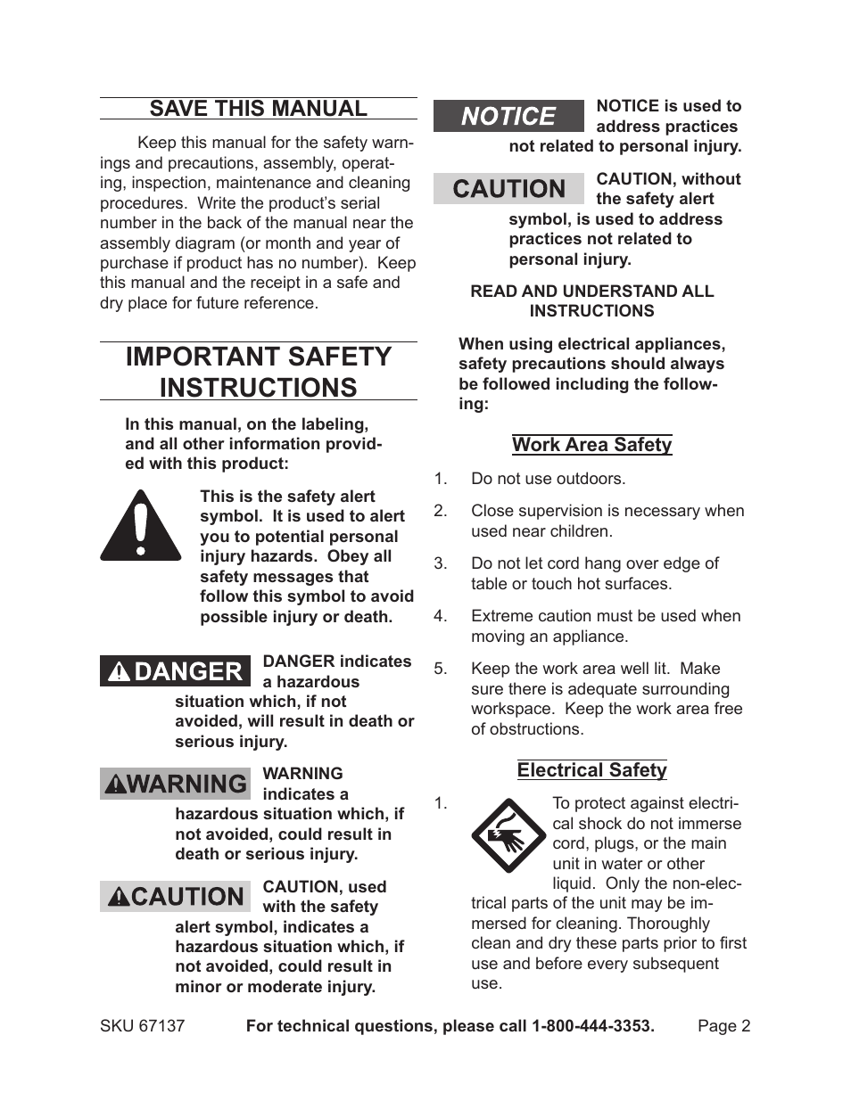 Important safety instructions, Save this manual | Harbor Freight Tools 67137 User Manual | Page 2 / 5