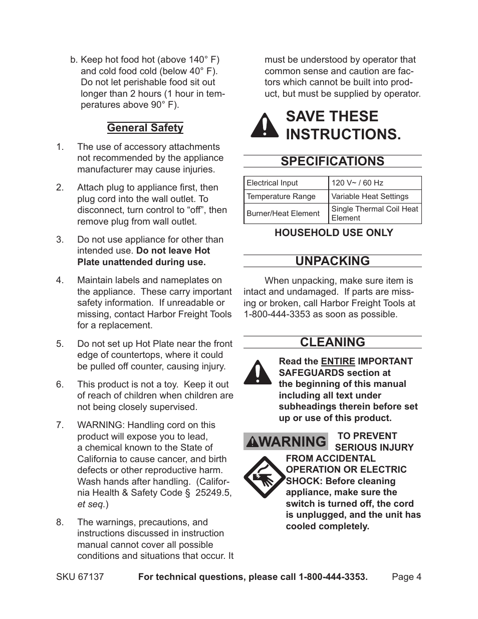 Save these instructions, Specifications, Unpacking | Cleaning | Harbor Freight Tools 67137 User Manual | Page 4 / 5