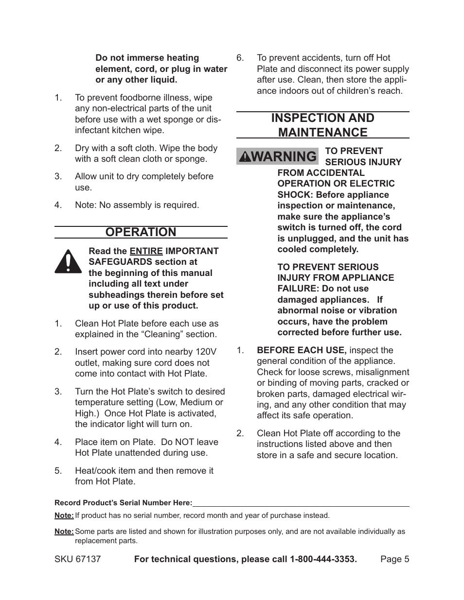Operation, Inspection and maintenance | Harbor Freight Tools 67137 User Manual | Page 5 / 5