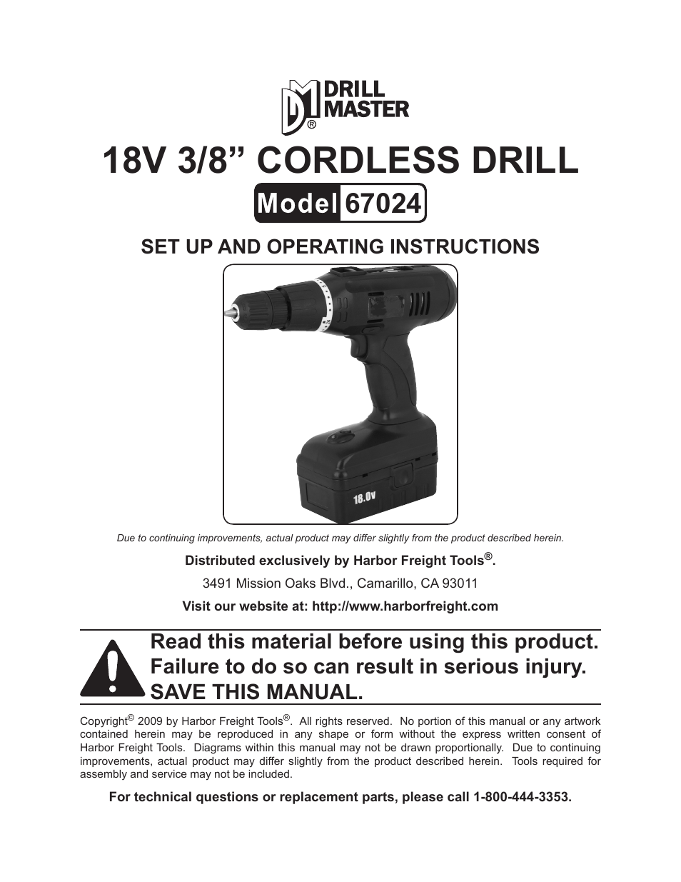 Harbor Freight Tools Drill Master 18V 3/8" Cordless Drill 67024 User Manual | 12 pages