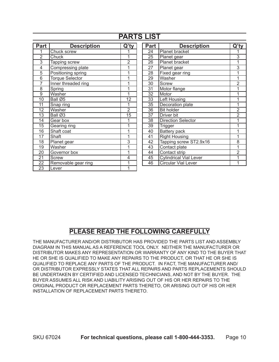 Parts list, Please read the following carefully | Harbor Freight Tools Drill Master 18V 3/8" Cordless Drill 67024 User Manual | Page 10 / 12