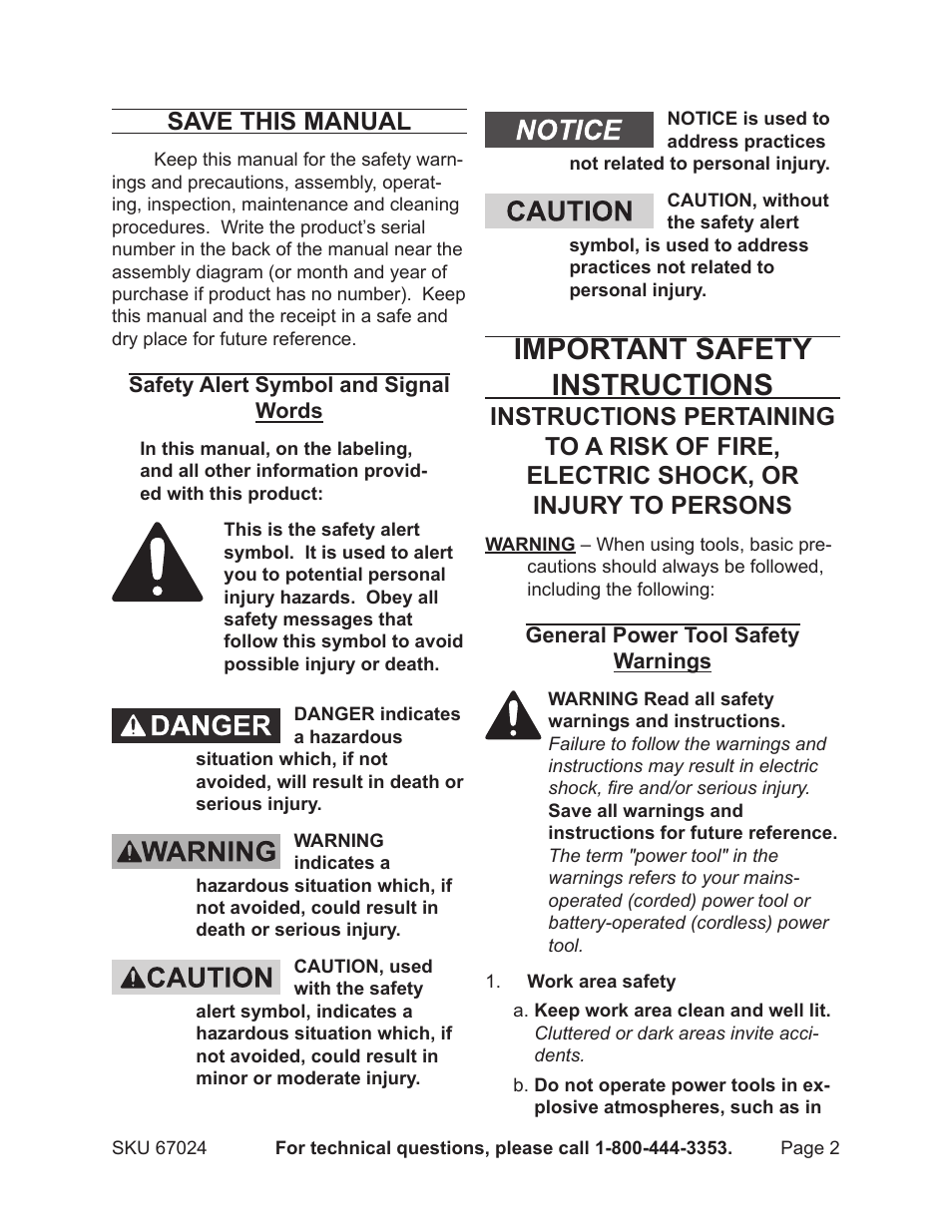 Important safety instructions, Save this manual | Harbor Freight Tools Drill Master 18V 3/8" Cordless Drill 67024 User Manual | Page 2 / 12