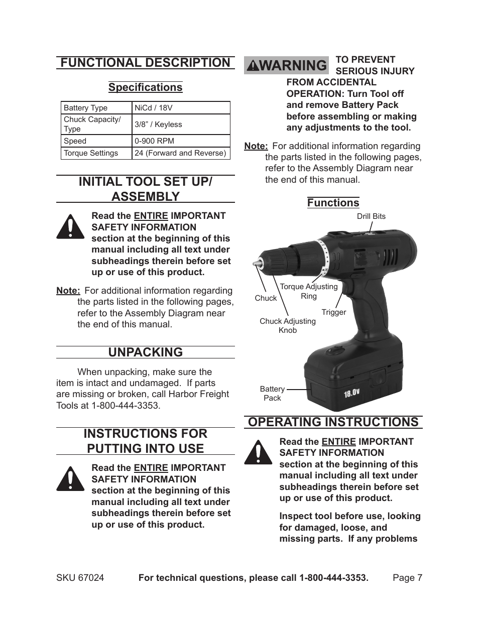 Functional description, Initial tool set up/ assembly, Unpacking | Instructions for putting into use, Operating instructions | Harbor Freight Tools Drill Master 18V 3/8" Cordless Drill 67024 User Manual | Page 7 / 12