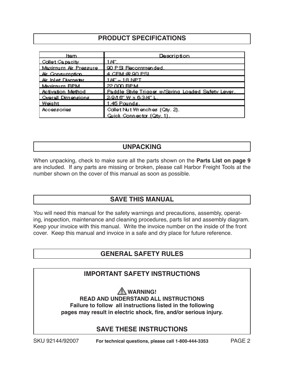 Harbor Freight Tools CENTRAL PNEUMATIC 92144 User Manual | Page 2 / 10