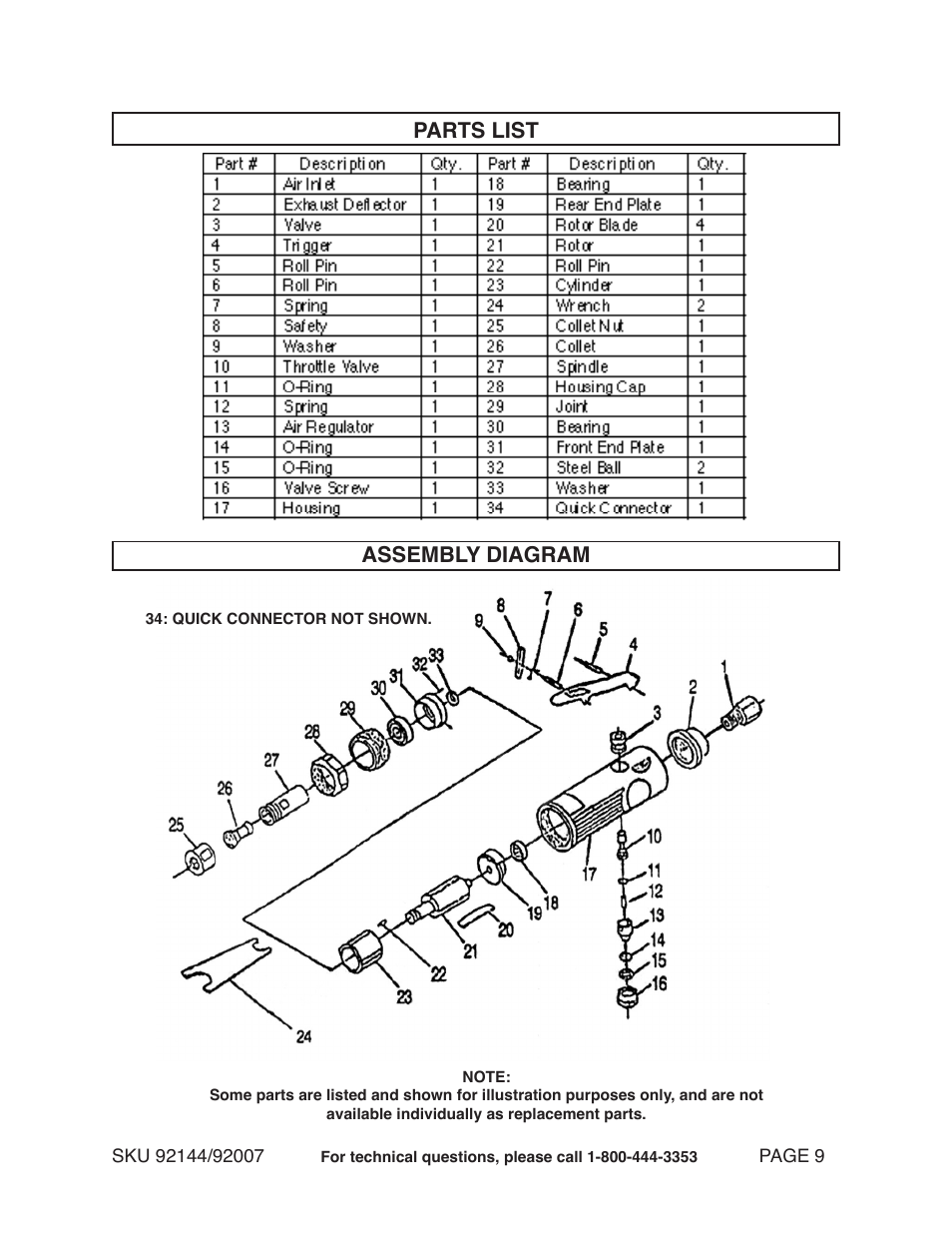 Parts list, Assembly diagram | Harbor Freight Tools CENTRAL PNEUMATIC 92144 User Manual | Page 9 / 10