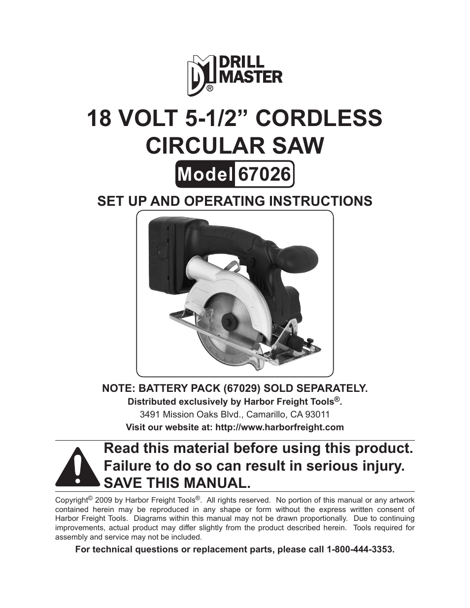 Harbor Freight Tools 18 Volt 5-1/2 Cordless Circular Saw 67026 User Manual | 16 pages