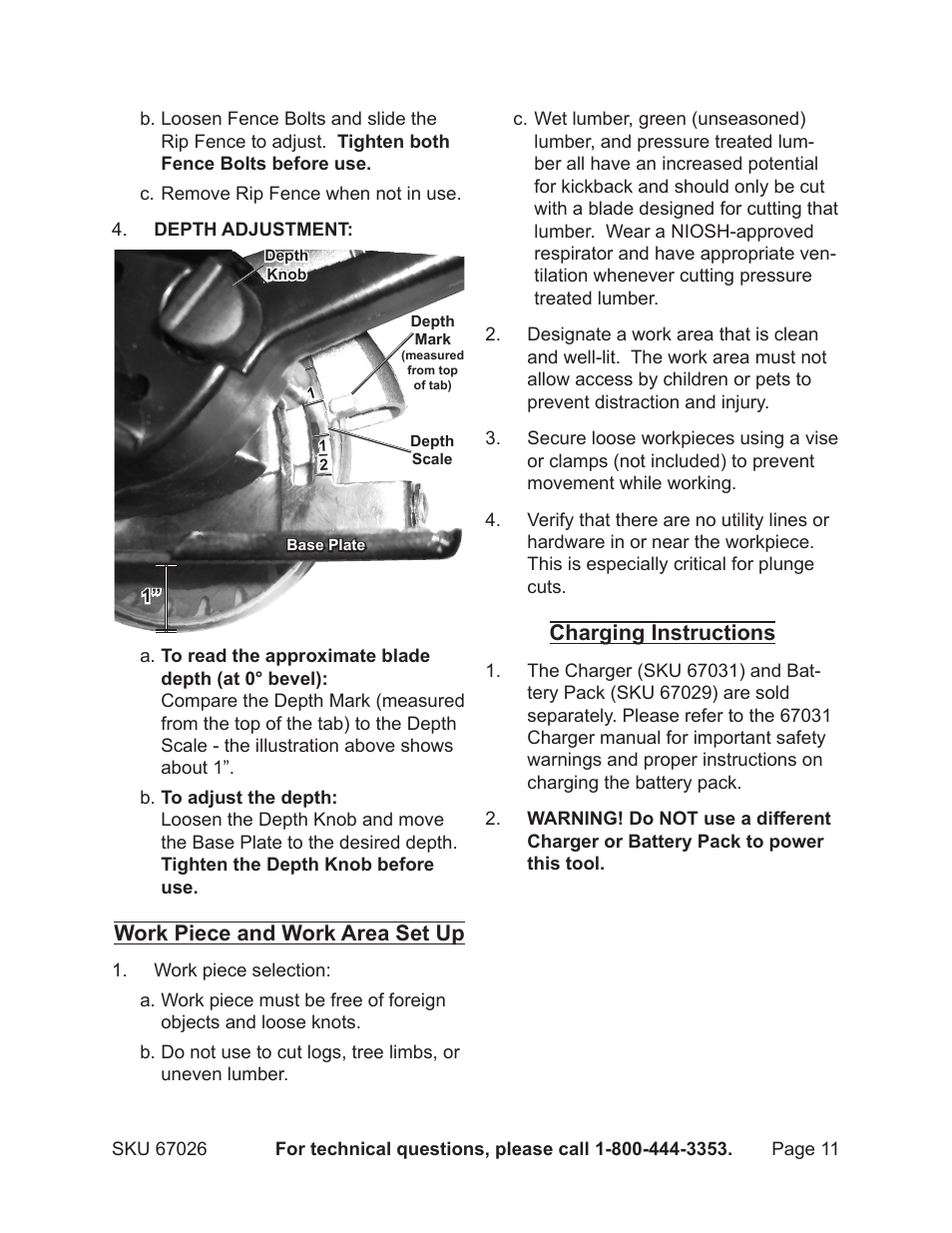 Work piece and work area set up, Charging instructions | Harbor Freight Tools 18 Volt 5-1/2 Cordless Circular Saw 67026 User Manual | Page 11 / 16