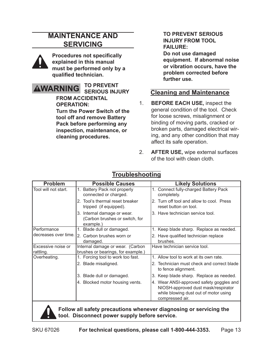 Maintenance and servicing, Cleaning and maintenance, Troubleshooting | Harbor Freight Tools 18 Volt 5-1/2 Cordless Circular Saw 67026 User Manual | Page 13 / 16