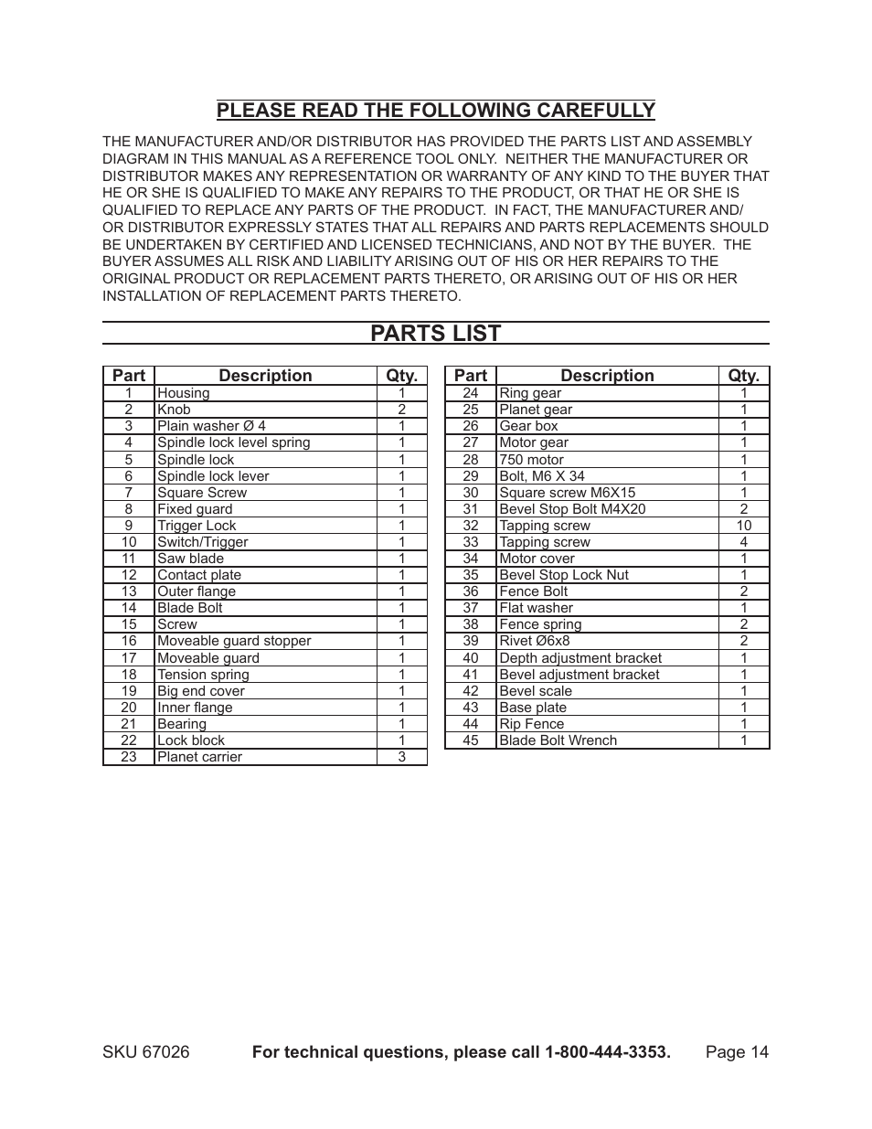 Parts list, Please read the following carefully | Harbor Freight Tools 18 Volt 5-1/2 Cordless Circular Saw 67026 User Manual | Page 14 / 16