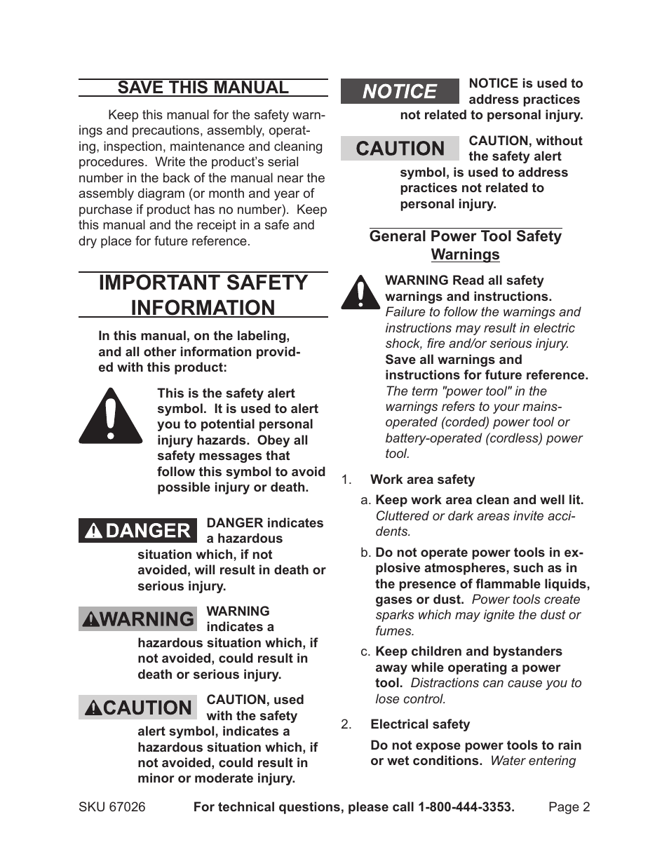 Important safety information, Save this manual | Harbor Freight Tools 18 Volt 5-1/2 Cordless Circular Saw 67026 User Manual | Page 2 / 16