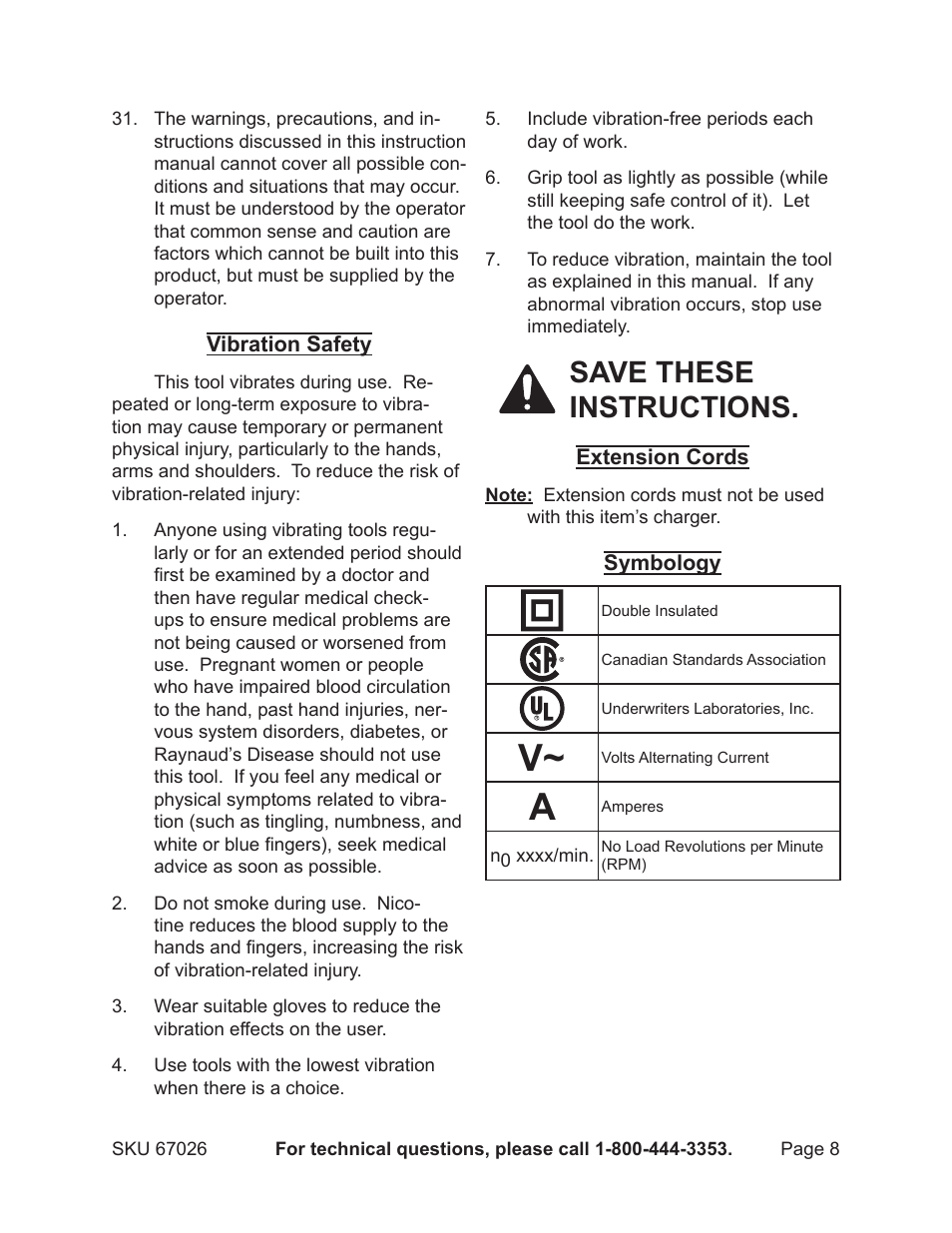 Save these instructions | Harbor Freight Tools 18 Volt 5-1/2 Cordless Circular Saw 67026 User Manual | Page 8 / 16