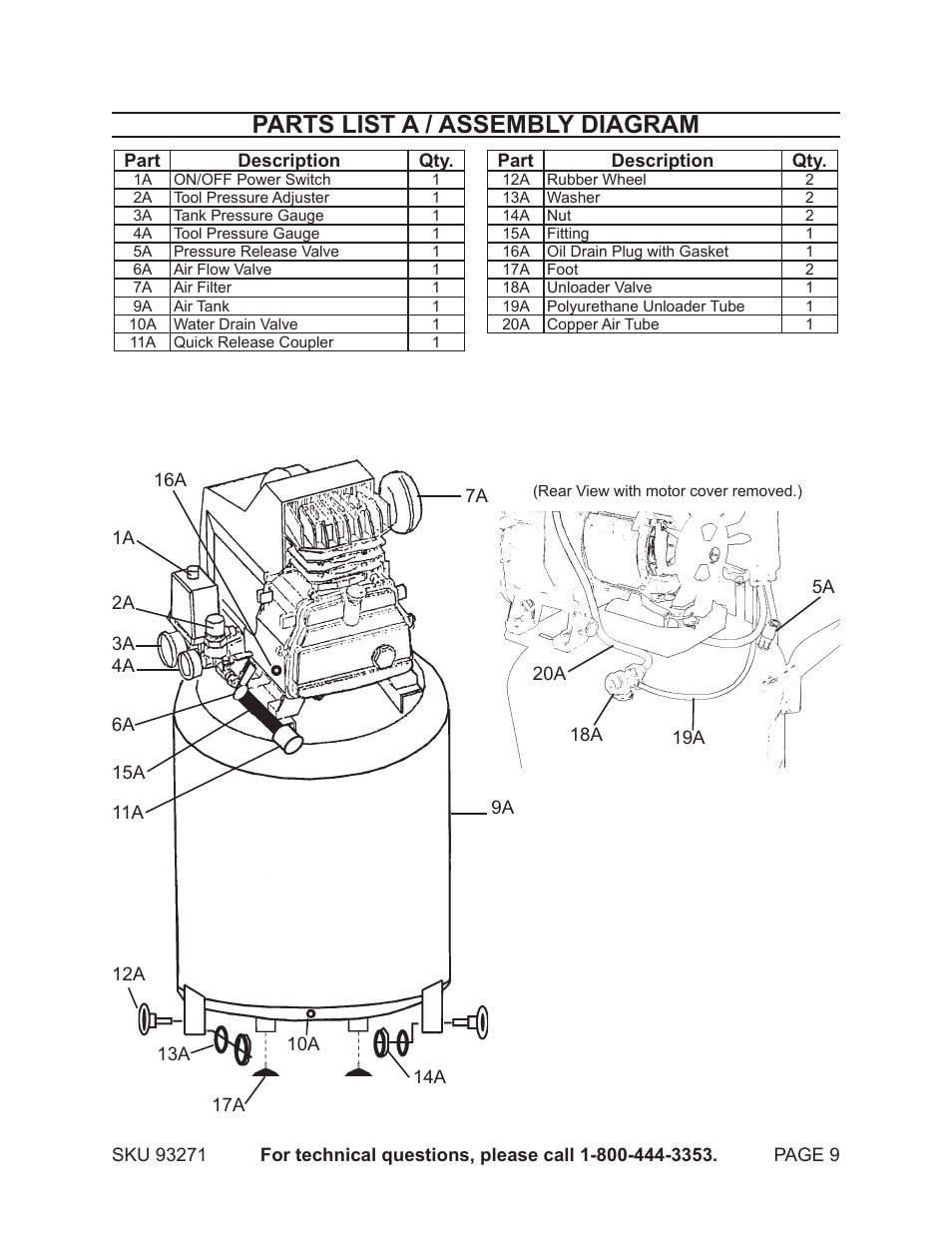 Parts list a / assembly diagram | Harbor Freight Tools CAST IRON VERTICAL 93271 User Manual | Page 9 / 11