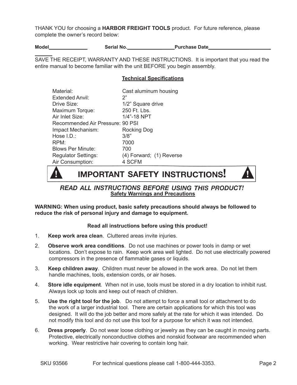 Harbor Freight Tools 93566 User Manual | Page 2 / 8