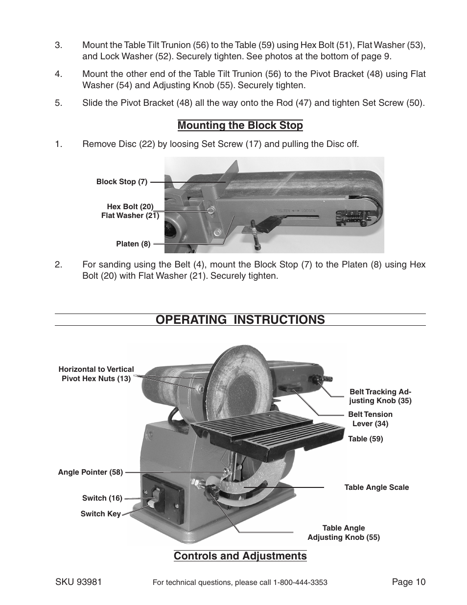 Operating instructions, Controls and adjustments, Mounting the block stop | Harbor Freight Tools 93981 User Manual | Page 10 / 16