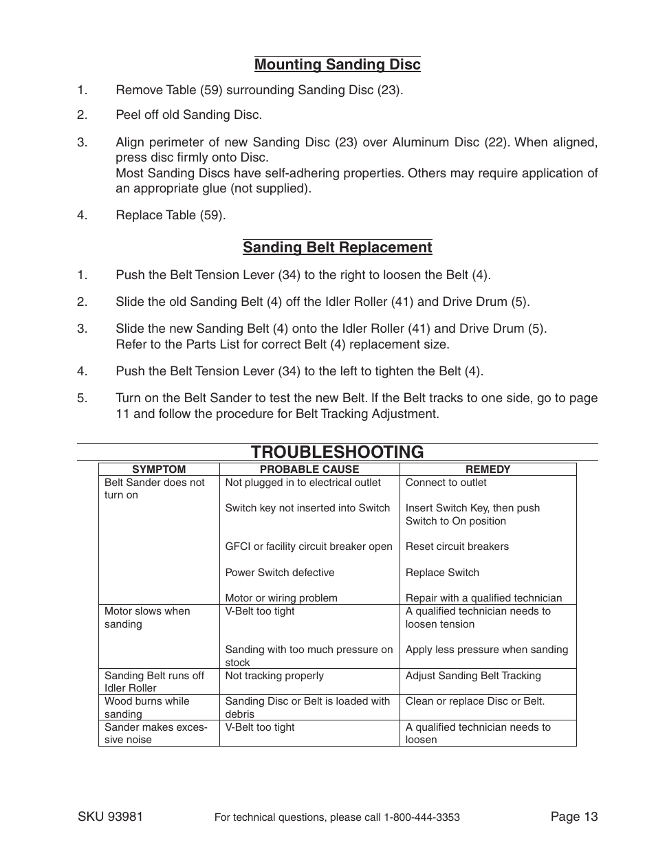 Troubleshooting, Mounting sanding disc, Sanding belt replacement | Harbor Freight Tools 93981 User Manual | Page 13 / 16