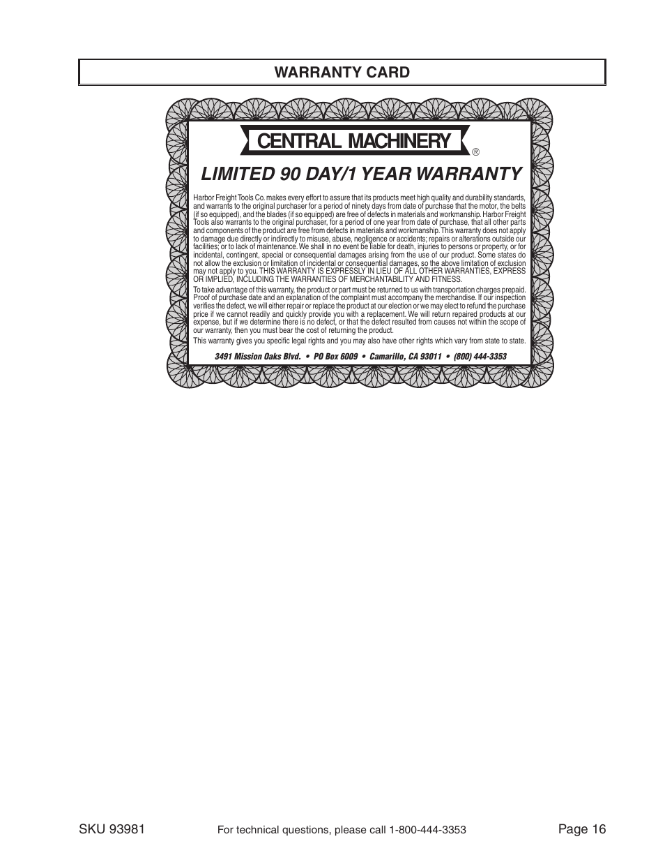 Limited 90 day/1 year warranty, Warranty card | Harbor Freight Tools 93981 User Manual | Page 16 / 16