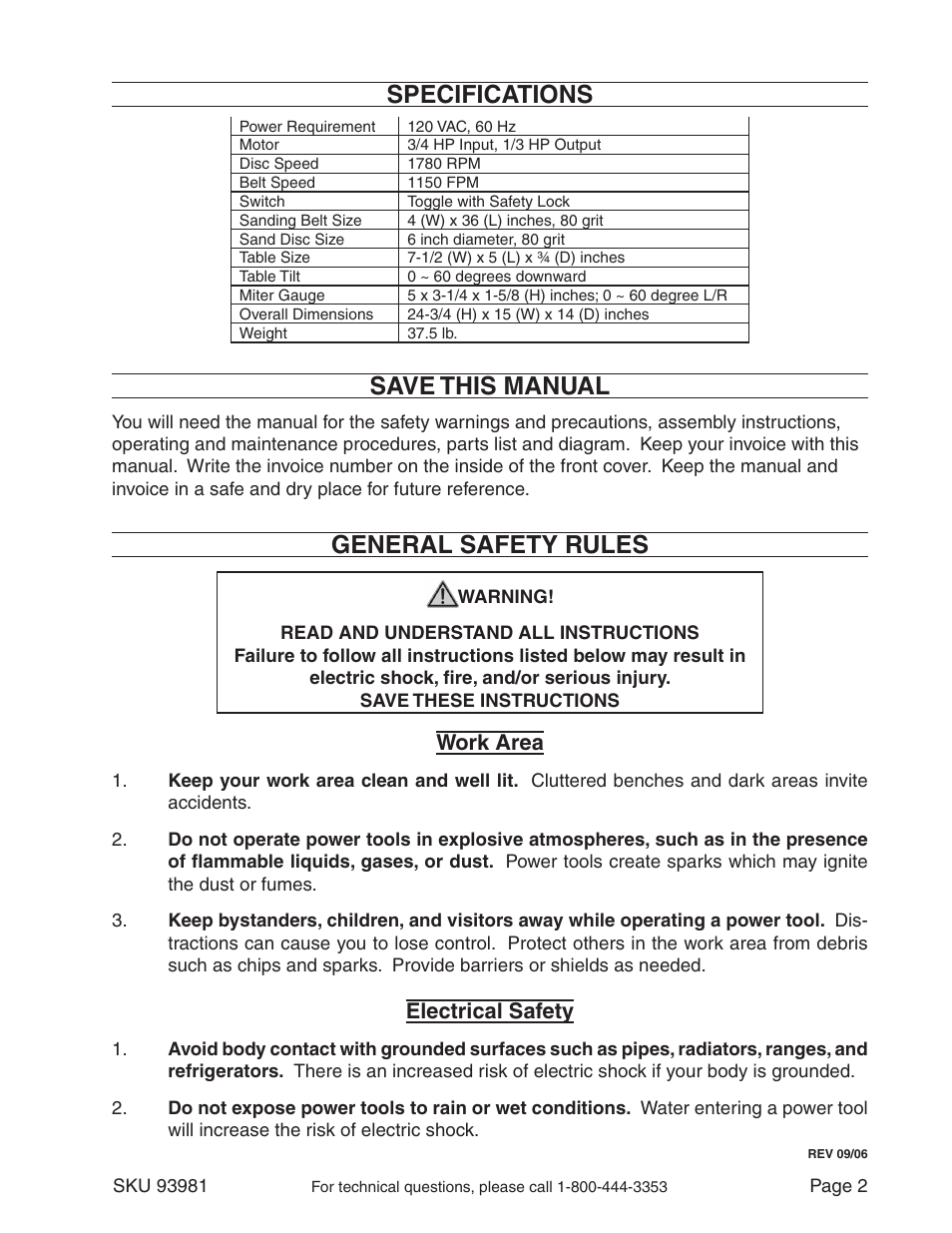 Specifications, Save this manual, General safety rules | Work area, Electrical safety | Harbor Freight Tools 93981 User Manual | Page 2 / 16