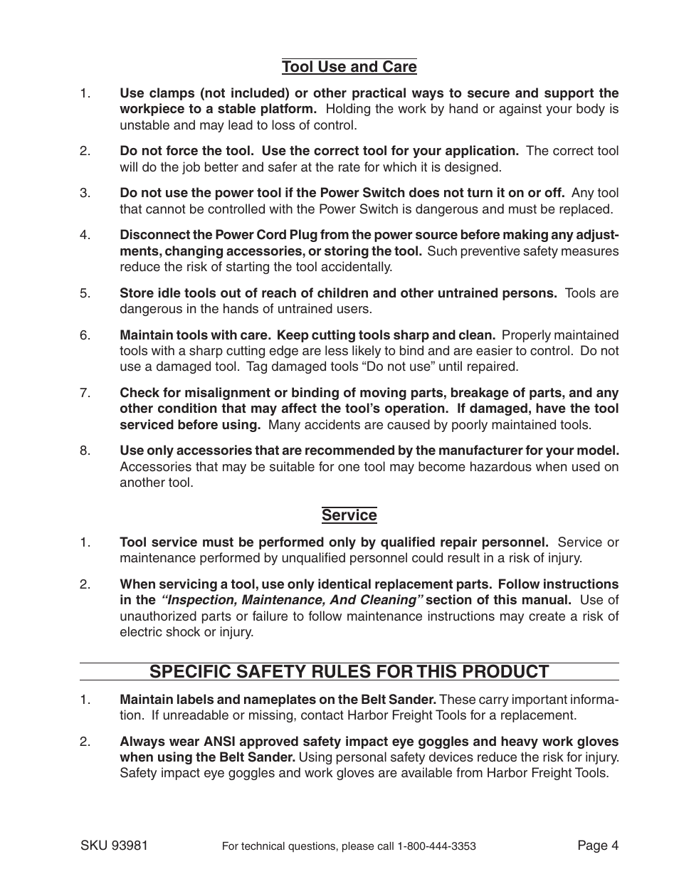 Specific safety rules for this product | Harbor Freight Tools 93981 User Manual | Page 4 / 16